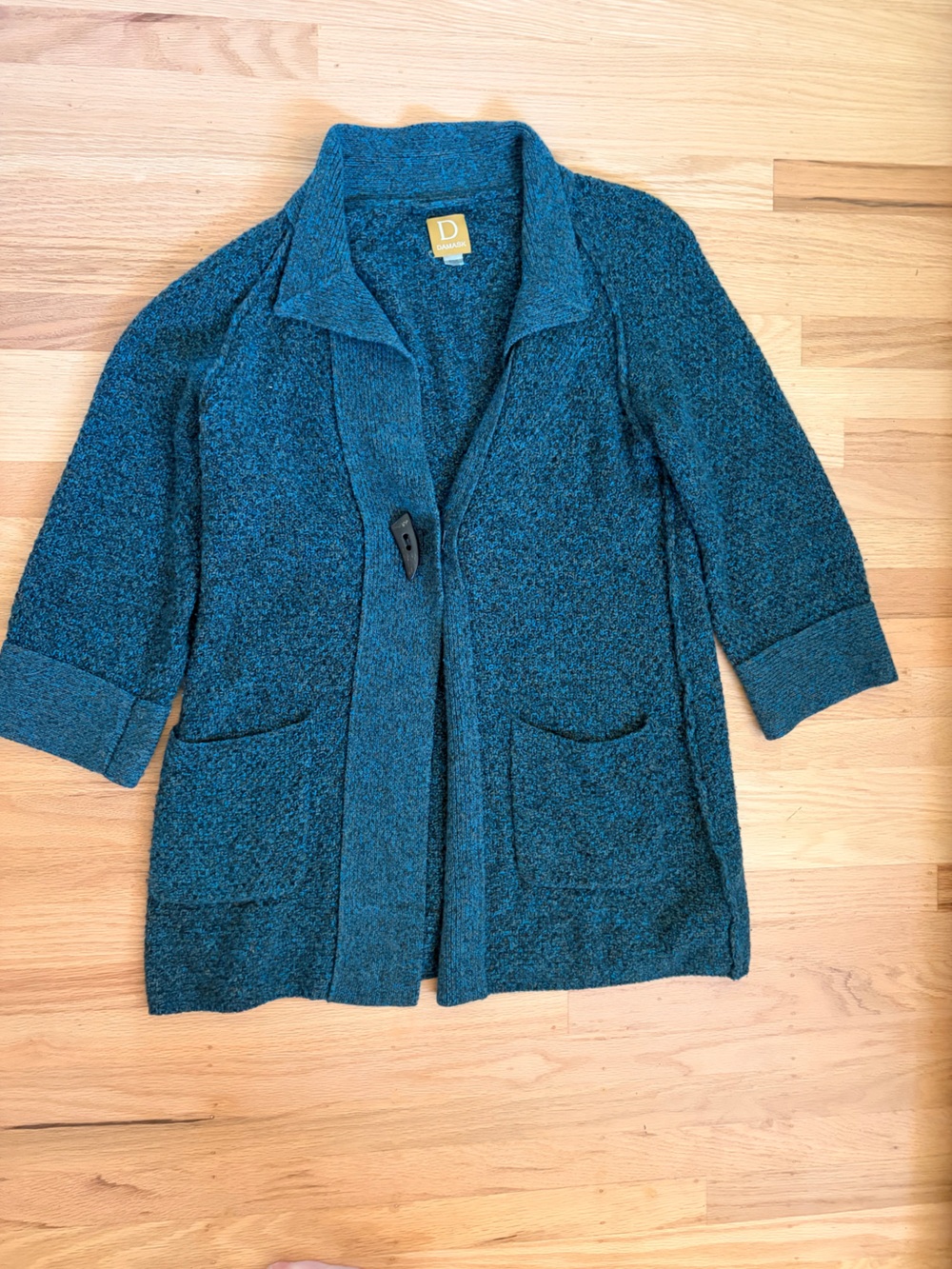 Damask Teal Marl Chunky Knit Toggle Button Cardigan Sweater Jacket